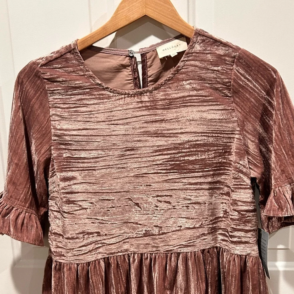 Melloday Ruffle Sleeve crinkle Velvet Mini Dress in Blush Size XS - Picture 6 of 12